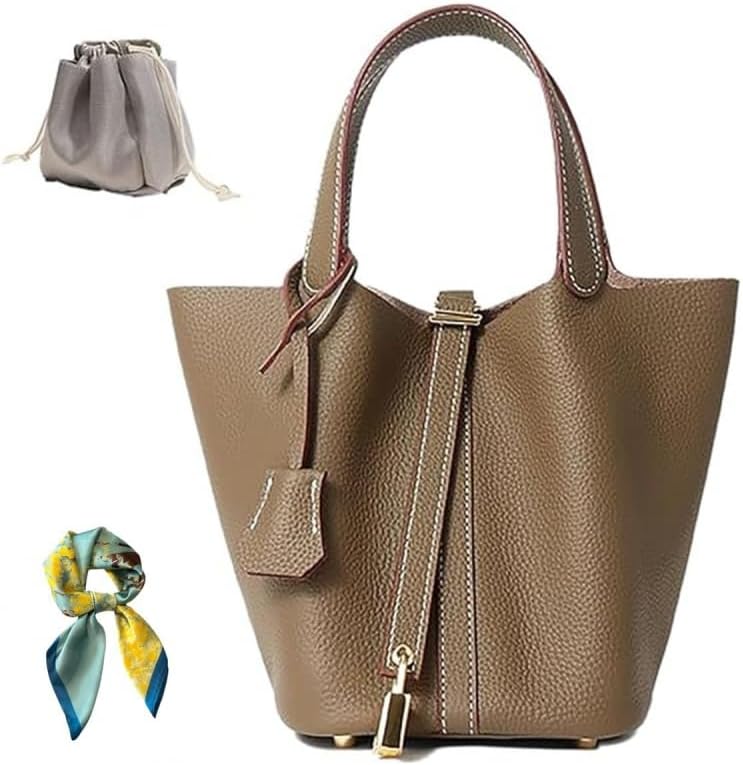 Genuine Leather Bucket Bag for Women: Lock Design Shoulder Handbag Versatile Top-Handle Tote Fashionable Vegetable Basket