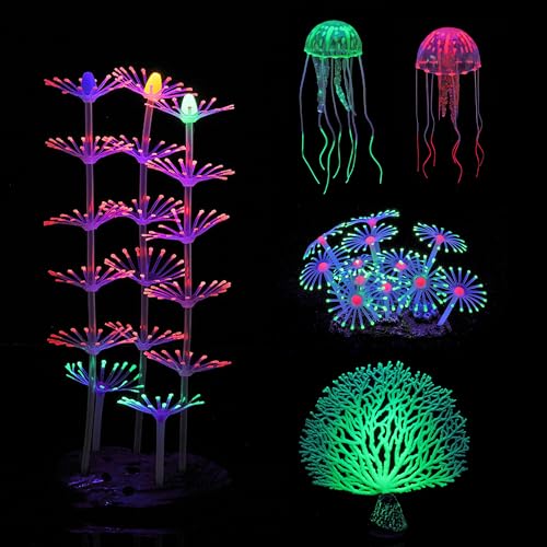 Image of Lpraer 5 Packs Glow Aquarium Decorations Branch Coral Tree Glowing Jellyfish Simulation Glow Plant Glowing Effect Silicone for Fish Tank Decorations