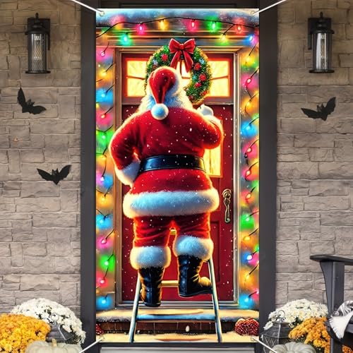Image of BlissYard Christmas Door Cover 71x35 Inch Funny Santa Claus Hanging Wreath on Ladder Door Banner Holiday Decoration Winter Xmas Photo Backdrop for Indoor Outdoor Porch Home Party Supplies