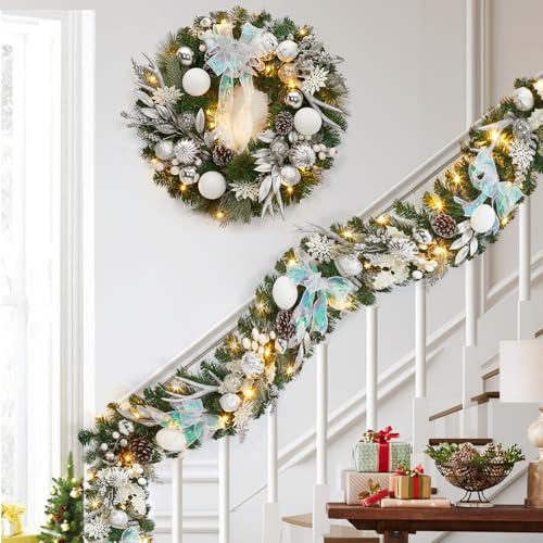 6 Ft Prelit Christmas Garland, Artificial Rattan Flower Snowflake Xmas Garland, Battery Operated Indoor Outdoor Lighted Christmas Garland Decorations for Holiday Garden Gate Stairs