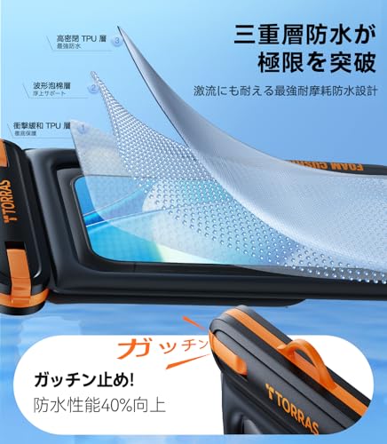 TORRAS スマホ 防水ケース【国際 IP68 認証・お風呂小物収納ポケット・JUBF大会協賛製品】 水に浮く ぼうすい ストラップ付き 首かけ 顔認証 高透過率画面 夏に不可欠 海 プール 温泉 雨などに 携帯防水ケース 7インチ以下スマホ対応 FlowPockets ブラック