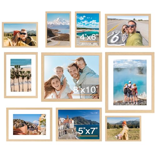 FIXSMITH 10 Pack Natural Picture Frames Collage Wall Decor for Mounting or Tabletop Display Gallery Wall Frame Set with Two 8x10 Natural Frames Four 5x7 and Four 4x6 Frames Multi-Pack Photo Frame Set