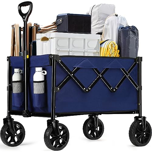 Folding Wagon Cart Heavy Duty Foldable,Large Collapsible Camping Wagon with 2 Drink Holders,Garden Cart Utility Wagon for Outdoor Beach Shopping Grocery Sports Fishing (Navy Blue)
