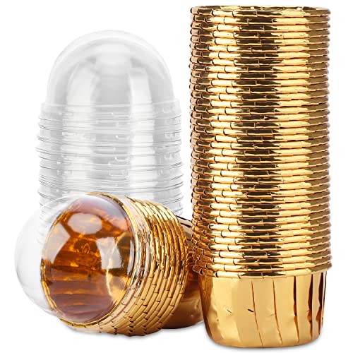 Eusoar ESFBA560804 Gold Cupcake Cups With Lids,3.5 Oz 50Pcs Disposable Foil Muffin Liners cover