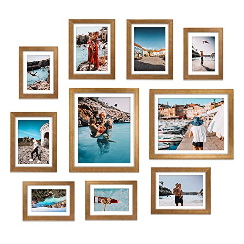 Giftgarden Antique Gold Multi Picture Frames for Multiple Sizes Photos, Four 4x6, Four 5x7, Two 8x10, Matted Gallery Frame Collage for Wall or Tabletop, Set of 10