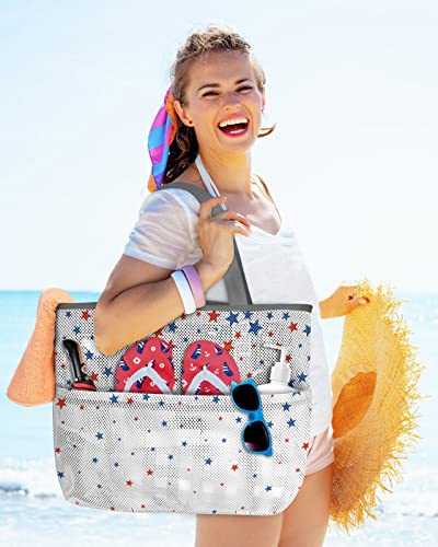 4th of July Beach Tote Bag for Women, Falling Blue Red American Flag Mesh Beach Bags Waterproof Sandproof, Outdoor Picnic Swim Pool Handbag - Large Beach Bag with Zipper and Pockets2