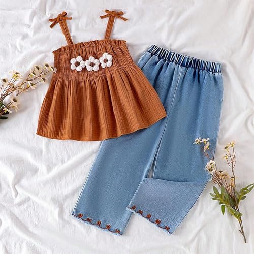 Conjunto de verano para niñas de tirantes con encaje bordado y vaqueros #51 7