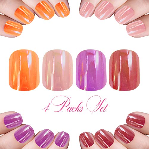 Zooy 96 PCS Fake Nails Short Square Full Cover Nail Art Colorful Mirror False Gel Nails Tips Sets for Women Teens Girls (Aurora Red Orange Series, No Glue) - 4 Packs