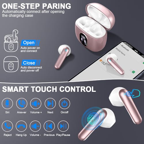 Image of Wireless Earbuds, Bluetooth 5.4 Headphones 50H Playback Bass Stereo Ear Buds with 4 ENC Cancelling Mics, in-Ear Earphones with LED Display, IP7 Waterproof USB-C for Laptop Pad Phones Workout Rose Gold