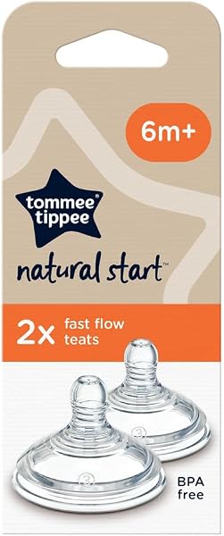 Tommee Tippee Natural Start Baby Bottle Teats, Fast Flow for 6m+, Pack of 2 Breast-Like Teats for a Natural Latch, with Anti-Colic Valve and BPA Free Soft Silicone - 2