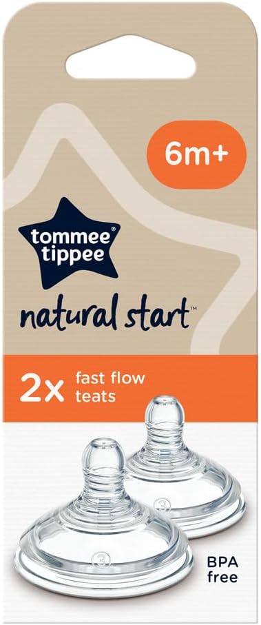 Tommee Tippee Natural Start Baby Bottle Teats, Fast Flow for 6m+, Pack of 2 Breast-Like Teats for a Natural Latch, with Anti-Colic Valve and BPA Free Soft Silicone