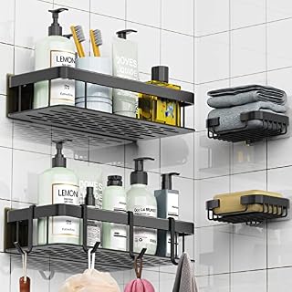 WARMTUYO Shower Caddy, No Drilling Shower Shelf for Bathroom Storage, 2 Pack Bathroom Shelf with 2 Pack Soap Holder, Rustproof Black Bathroom Accessories & Kitchen Accessories for Bathroom Kitchen