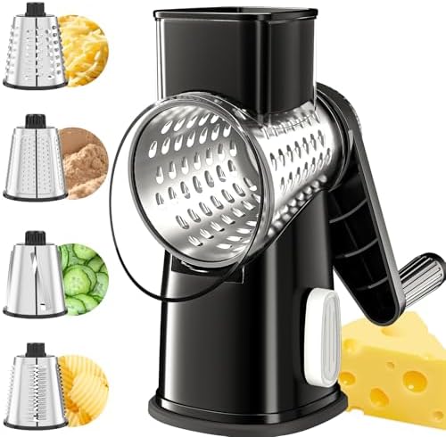 VEKAYA Cheese Grater, Cheese Grater Hand Crank, 4 Interchangeable Blades Cheese Shredder, Vegetable Slicer, Non-slip Suction Base, Easy to Clean Rotary Grater with Handle (Black)