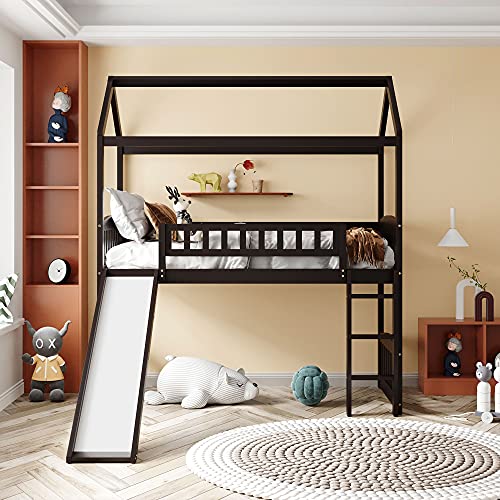 Merax, Espresso House Loft Bed With Slide No Box Spring Needed For Teens, Girls Or Boys, Twin Without Stairway #TOP6