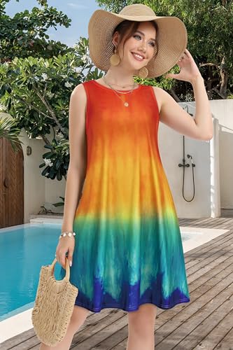 Image of elescat Women's Summer Dresses 2026 Beach Casual Sleeveless Floral Print Tank Loose Sundress with Pocket
