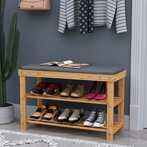 BAMFOX Upgraded Modern Style Bamboo Shoe Bench Rack with Cushion Upholstered Padded Seat