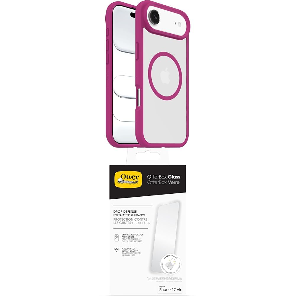 OtterBox React Series MagSafe funda para iPhone Air, Testada con los estándares Militares anticaídas, Transparente/Rosa + OtterBox Glass Protector de Pantalla de Cristal Templado