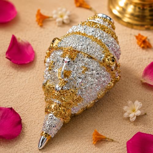 Image of CraftVatika 999 Pure Silver Plated & 24K Gold Plated Ganesh Shankh with Velvet Gift Box, 4.7 Inch Ganesha Shankh for Fengshui Vastu Gifts, Wedding Anniversary House Warming Gifts New Home Decor Items