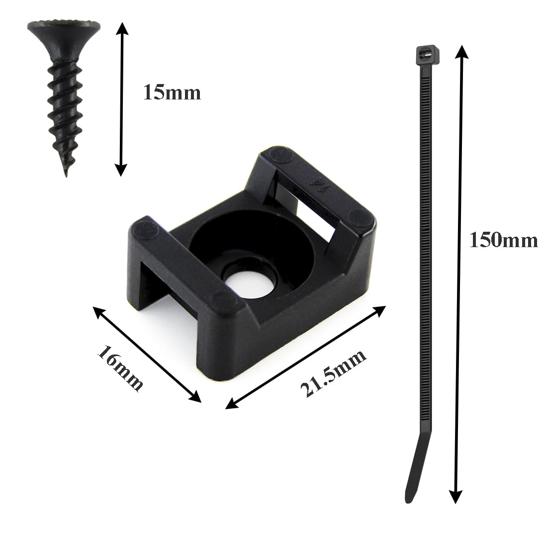 Cable Tie Base, 21.5 x 16 mm with Screw Holes, 150 mm Nylon Cable Ties and Screws, Pack of 100 Each - Image 2