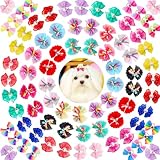 Mruq pet 80pcs Small Dog Hair Bows, Cute Pet Dog Grooming Bows with Rubber Bands, Bulk Handmade Puppy Dog Bows with Curly Ribbon Rhinestones and Pearl for Dog Hair Accessories