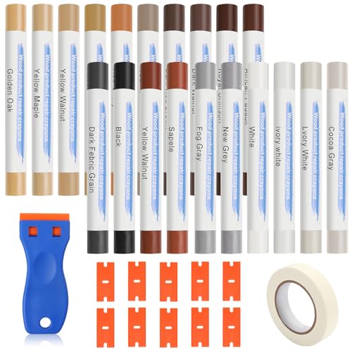 Laminate Floor Repair Kit with Scraper: 20 Vinyl Wood Repair Kit with Adhesive Tape, Wax Stick Wood Putty for Furniture, Linoleum Flooring, Multicolor