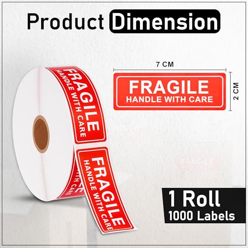 Image of GLUN Fragile Stickers 1 Roll, 3x1 Inch Size Sticker, Care Warning 1000 Labels Each Roll, Strong Adhesive Red Fragile Labels for Shipping Packing of Goods and Moving