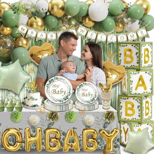 Image of Sage Green Neutral Baby Shower All In One Set - 4 Balloon Boxes, 12 Tableware Sets with Disposable Plates, inchOH BABY inch Balloons, Tablecloth & Cake Toppers