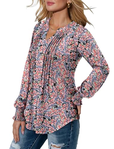 BETTE BOUTIK Long Sleeve Shirts for Women Fall Tops Dressy Blouses Pleated V Neck Tunic Tops for Leggings S-3XL
