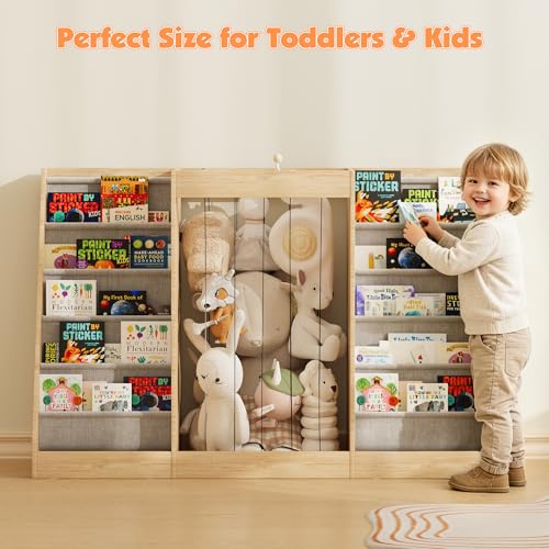 Image of NACHES Montessori Kids Bookshelf with Toy Storage, Extra Book Display Shelves for Toddlers, Front-Facing Book Organizer for Nursery Playroom Bedroom (Natural Wood)
