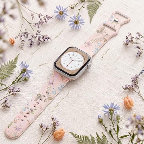 Image of Floral Band Compatible with Apple Watch Bands for Women 40mm 42mm 41mm 38mm 44mm 45mm 46mm 49mm, Cute Pattern Flower Soft Silicone Sport Strap for iWatch Series Ultra 11 10 SE 9 8 7 6 5 4 3 2