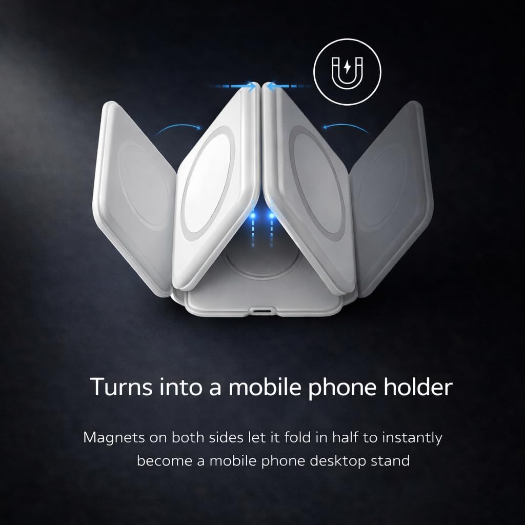 3 in 1 Magnetic Charging Station, Foldable MagSafe-Compatible Charging Stand for iPhone 16 15 14 13 12 Series, Apple Watch & AirPods, USB-C Powered Charging Dock