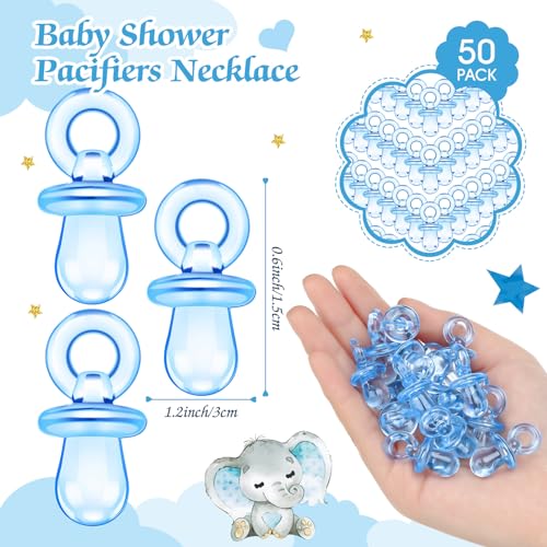 Image of Thyle 51 Pcs Blue Elephant Pacifier Hunt Babyshower Games Include Wooden Happy Hunting Sign and 50 Acrylic Mini Plastic Pacifiers for Baby Boy Girl Gender Reveal Party Supplies It's a Boy Baby Shower