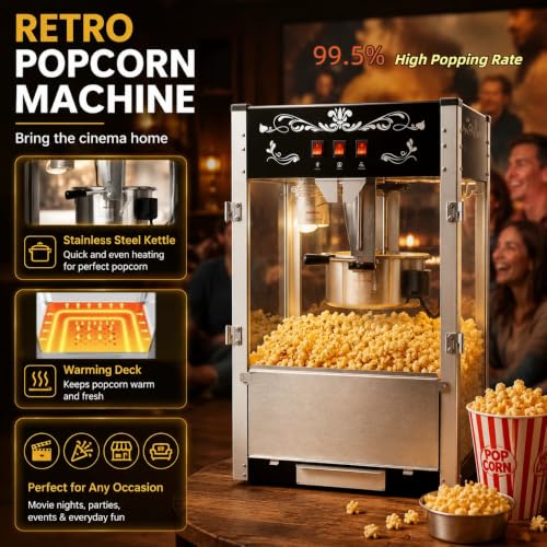 Image of 18OZ Popcorn Machine 丨 Stainless Steel Kettle Popcorn Maker Machine for Home, Theater, Parties丨Grade Electric Popper, Black