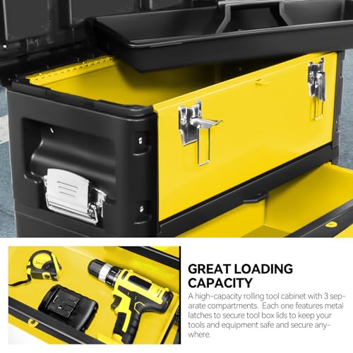 Image of Auto Dynasty 3-Tier Stackable Tool Box, 19.5 Inch 3-in-1 Rolling Tool Box with Wheels, Portable Steel and Plastic Rolling Upright Trolley Toolbox Organizer for Garage Workshop, 3-Piece Set, Yellow