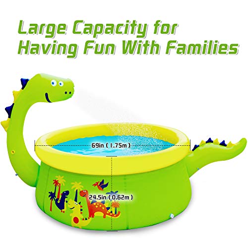 Lunvon Inflatable Swimming Pool for Kids, Dinosaur Pool Sprinkler Water Toys, Size 69" X 24.5", Kiddie Pool for Age 3+