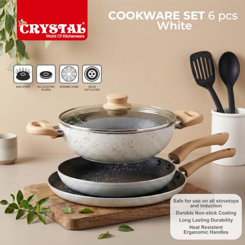Image of Crystal Aluminum 6 Pcs Non Stick Cookware Set with Induction Bottom | Tawa, Fry Pan, Kadhai with Lid, Laddle & Spatula | Durable 4 Layer Non Stick Coating | PFOA Free | White