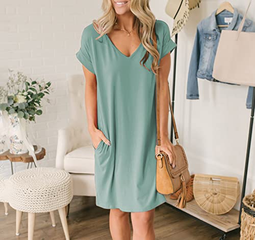Btfbm Women V-Neck Short Sleeve Summer Dresses 2023 Spring Casual Loose T-Shirt Tunic Short Dress Pajamas With Pockets(Grey Green, X-Large) #TOP1