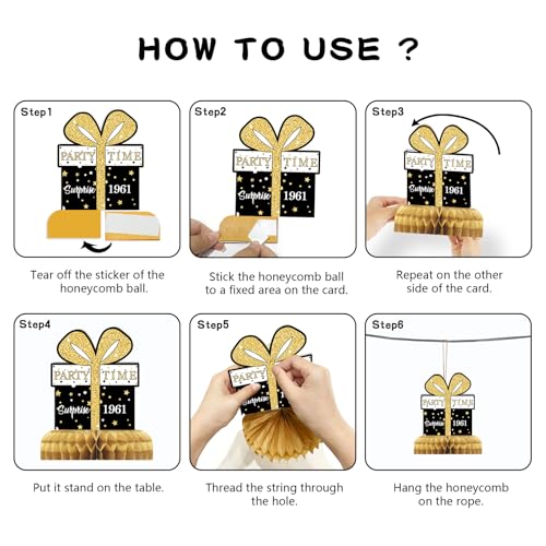 Image of 9Pcs 65th Birthday Decorations Honeycomb Centerpieces for Men Women, Black Gold Happy 65th Birthday Centerpieces Tables Toppers Party Decorations Supplies, Vintage 1961 Aged Table Sign Decor