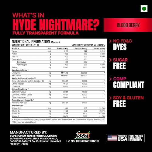 Image of ProSupps Hyde Nightmare Blood Berry Pre Workout Powder, 30 Servings | 6000 mg Citrulline, 3200 mg Beta-Alanine, Nootropics, Electrolytes, FSSAI Compliant, Banned-Substance Screened