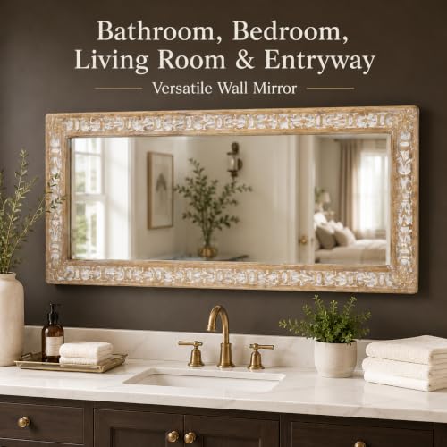 Image of Rustic Solid Wood Wall Mirror, Bathroom Vanity Mirror, Farmhouse Decorative Mirror for Home, Vertical & Horizontal Hanging, Wood Finish 52x20x1.25 inch White Antique