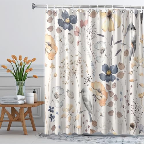 Image of Flower Floral Shower Curtain, Watercolor Wildflower with Botanical and Birds Fabric Shower Curtains Set, Boho Plants Shower Curtains with Hooks, Minimalist Bthroom Decor 72x72inch