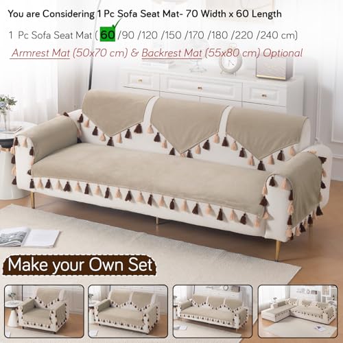 Image of HOKIPO Sofa Cover Mat with Tassel for 1 /2 /3 Seater & L Shape Sofa | DIY Sofa Cover Set | Dyed Holland Velvet | 'TasselTone Series' 70(W) x 60(L) cm |Sand Beige (IN-1104-BGE)