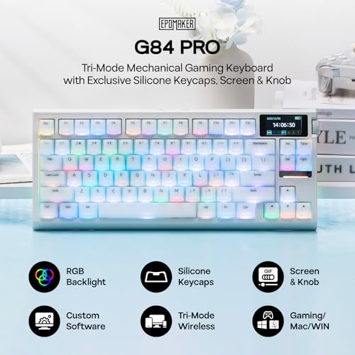 Image of EPOMAKER G84 PRO Wireless Gaming Keyboard with Screen&Knob, 75% Creamy Mechanical Keyboard, 8000mAh, Hot Swappable, Silicone Keycaps, BT5.0 /2.4G /USB-C Mode, NKRO, RGB (White, Creamy Jade Switch)