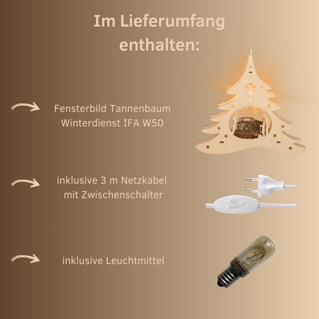weigla - Fensterbild original Erzgebirge Tannenbaum Winterdienst IFA W50 I Weihnachtsdeko Fenster I 1 Lampe I 7 W, E14 I Fensterbild Weihnachten I Weihnachtsbeleuchtung Holz I Fensterdeko hängend