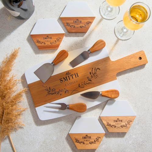 Personalized Cutting Board & 4 Coasters Set – Acacia Wood & Marble – Multi-Purpose Food Safe Cutting & Charcuterie Board – Custom Design – Perfect Gift for Weddings, Anniversaries & Mother Day Gifts