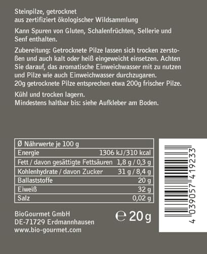 BioGourmet Steinpilze getrocknet Bio, 20g – Ideal für Risotto, Saucen & Suppen – Vegan & Naturbelassen