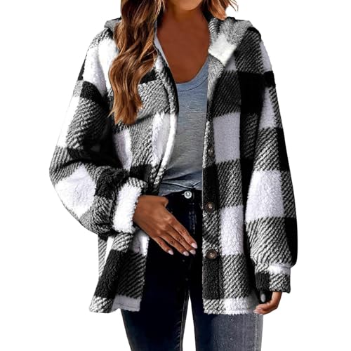 Hemdjacke Damen Karierte Fleecejacke Knöpfen Wintermantel Große Größen Teddyjacke Kuscheljacke Shacket Warme Plüschjacke Teddyfleece Jacke Winter Karohemd Winterjacke Langarm Übergangsjacke Mantel