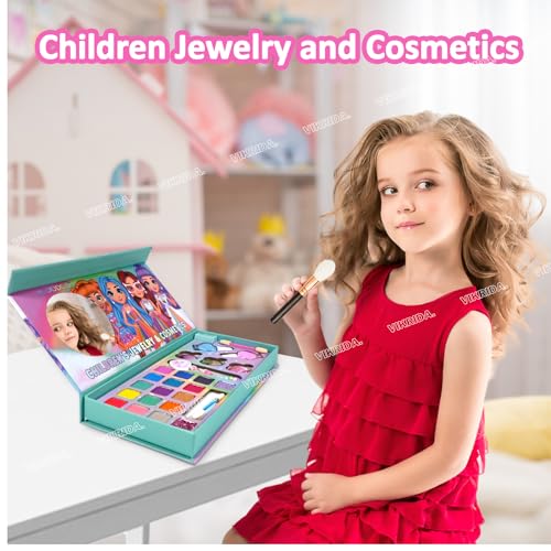 Image of VikriDA Kids Washable Makeup Kit, Fold Out Makeup Palette with Mirror, Make Up Toy Cosmetic Kit Gifts for Girls - Safety Tested- Non Toxic