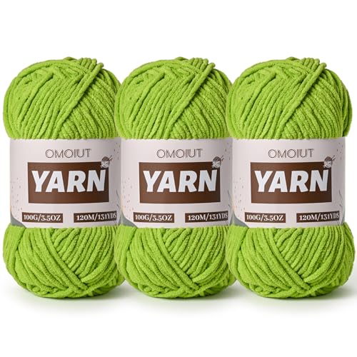 Image of 3 Packs Plush Chenille Chunky Crochet Yarn - Baby Yarn for Crocheting Soft - Velvet Yarns Knitting for Blankets Crafts - Fluffy Amigurumi Yarns 300g / 393yd (3 Lime Green)