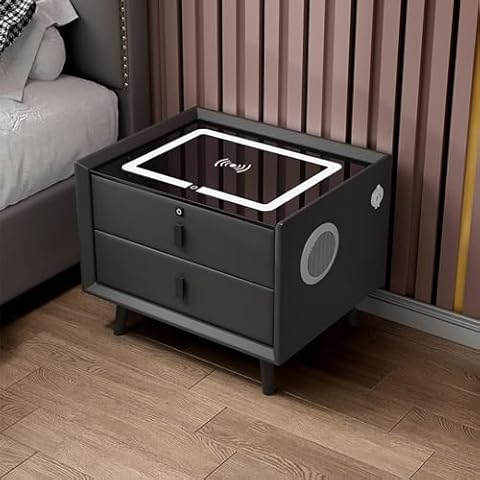 CHCWIS Large Charging Station Nightstand with USB Ports and LED Light - Milky White Side Bed Table for Bedroom/Living Room/Hallway(Color:Deep Black,Size:50 * 40 * 46cm) Cover